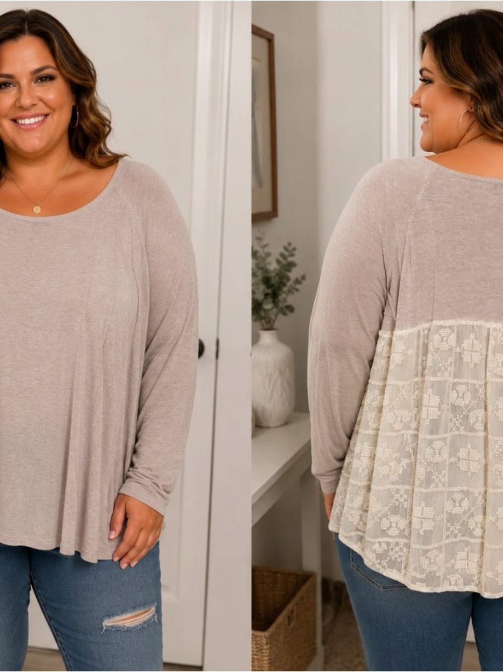 Lace Long Sleeve Blouse Beige Taupe Plus Size 2X Long Sleeve Women's Blouse